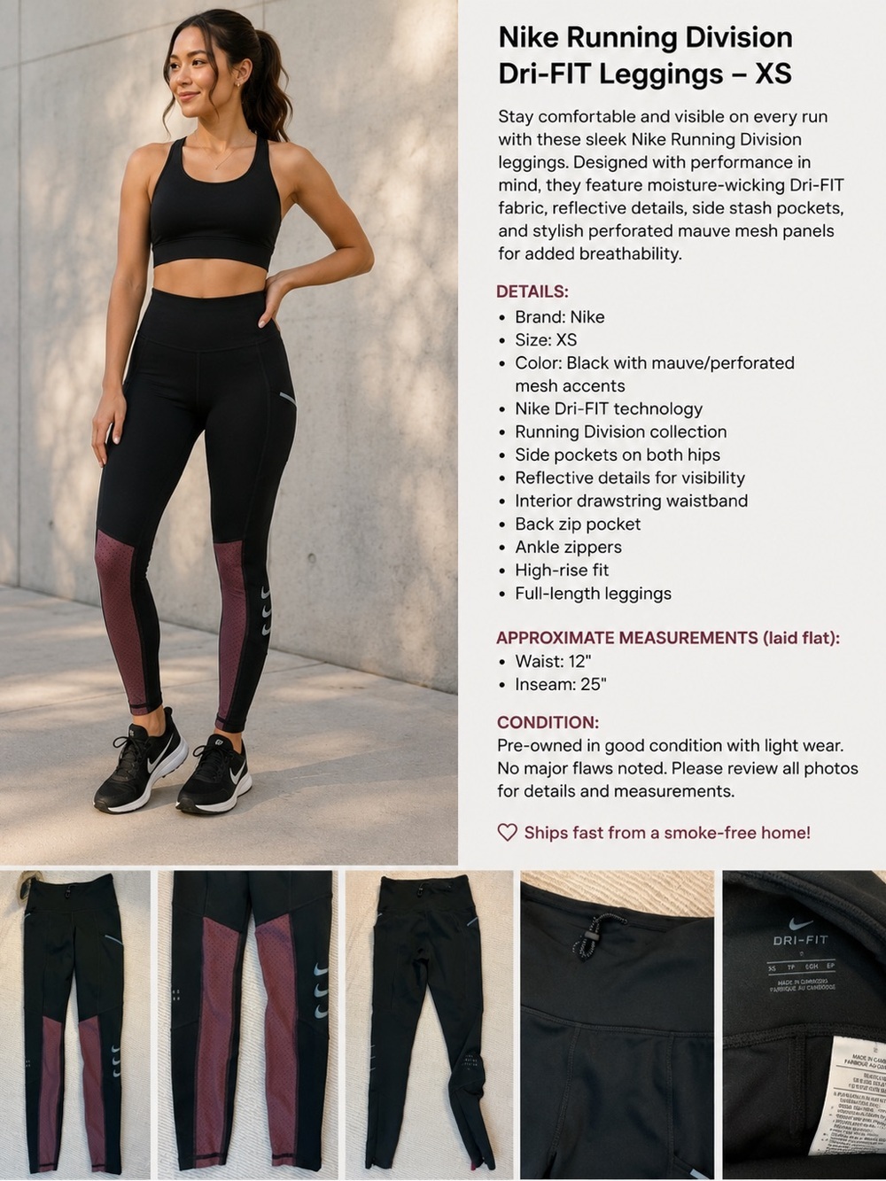 Nike Run Division Epic Luxe Running Leggings with Mauve Mesh Accents